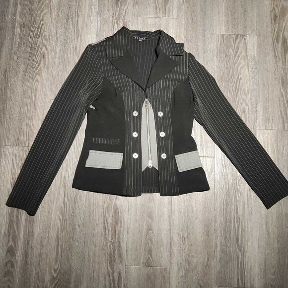 Vintage 90s black and grey gothic officecore striped blazer and skirt set - Picture 6 of 12